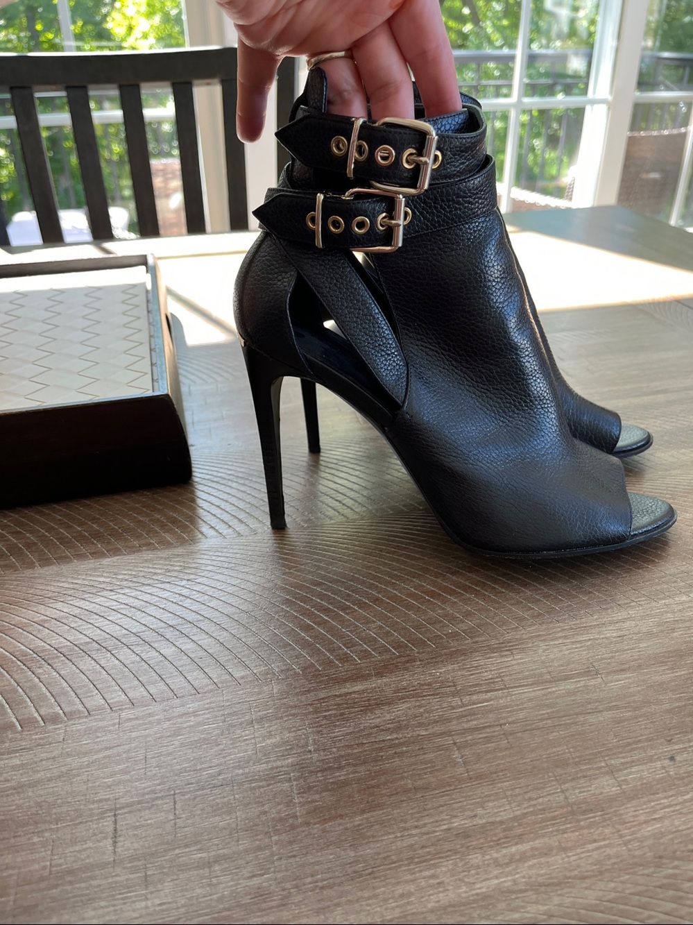 Burberry Black Peep-Toe Stiletto Booties with Gold Buckles